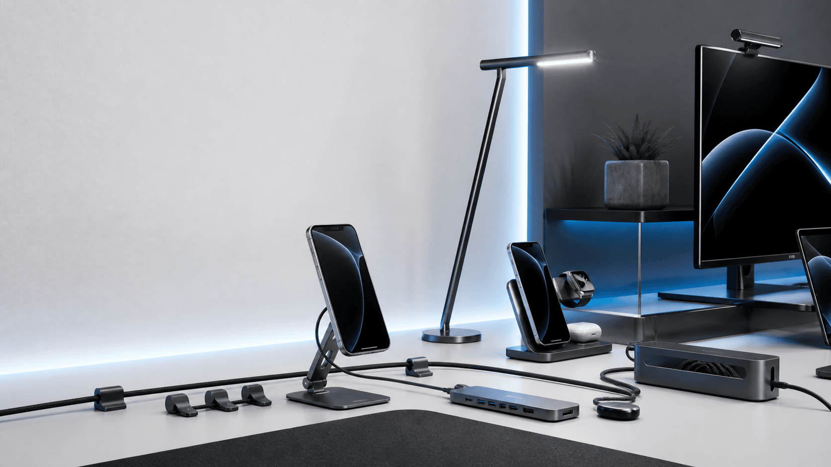 Nuvexel Gear desktop gadget concepts arranged on a precise work surface